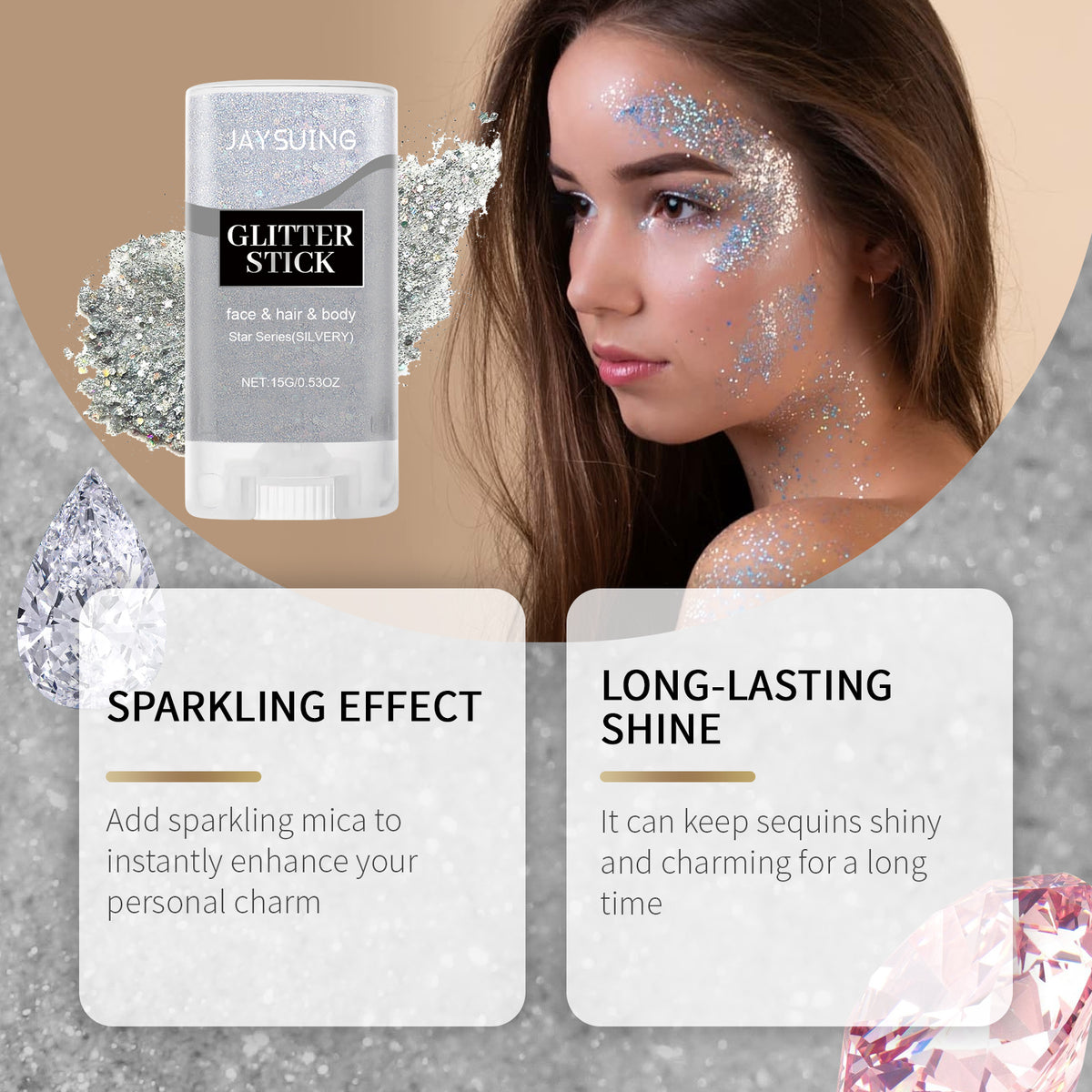 Jaysuing Sequined Glitter Stick (Silver), Party Dance, Performance, Makeup, Face, Body, Collarbone, Highlight And Shine